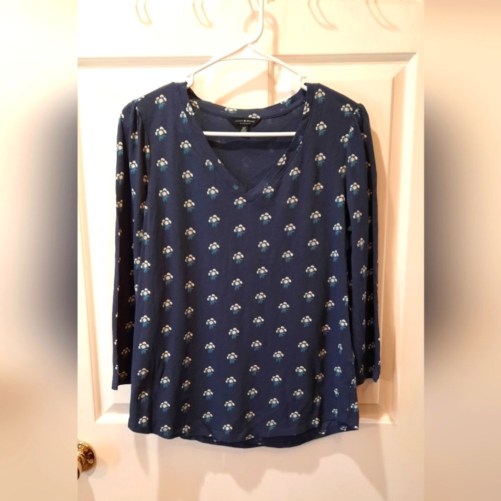 Lucky Brand Blouse Womsns Small Navy Blue Floral Western Classic Lightweight